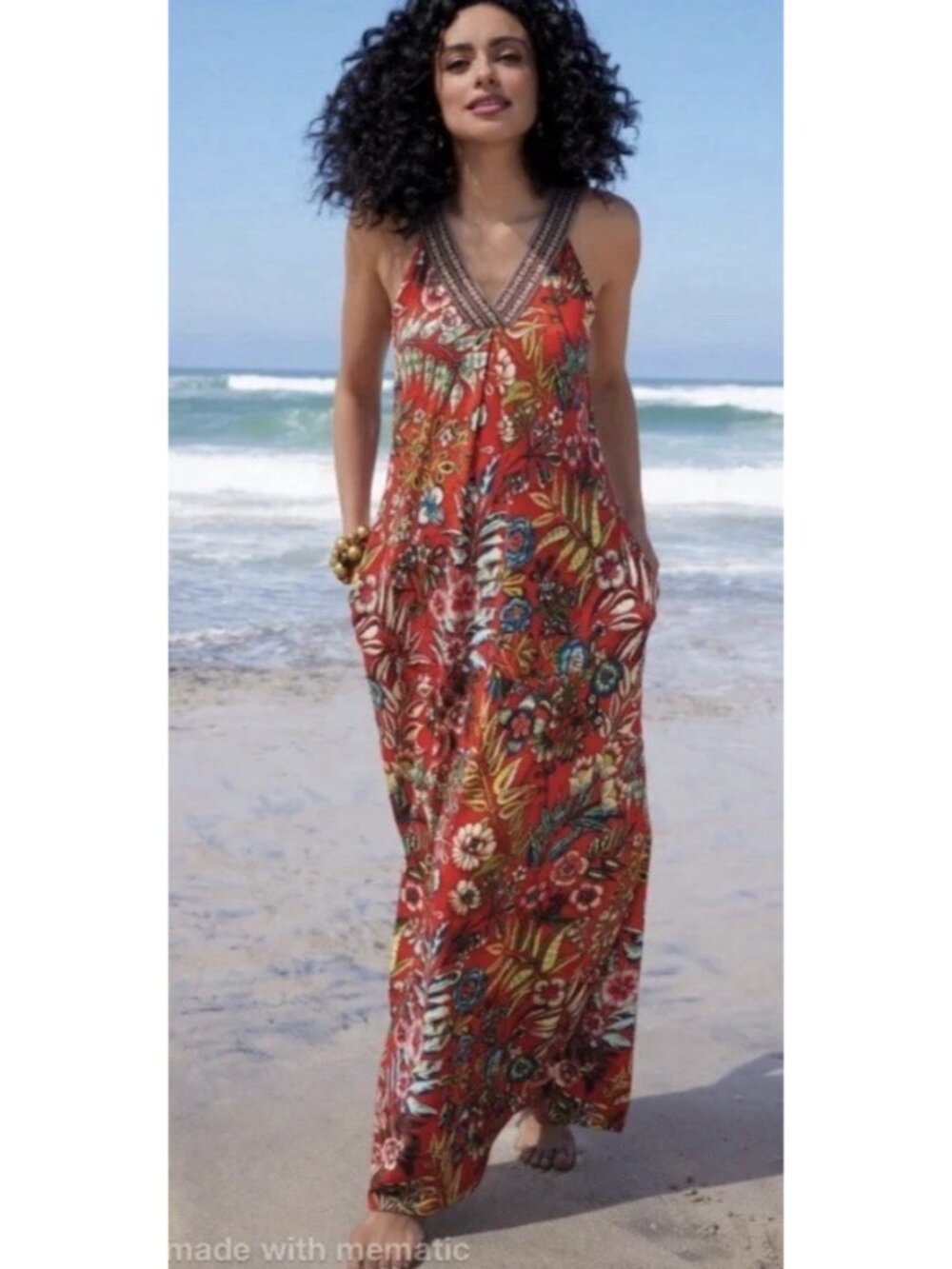 Soft Surroundings Medium Onani Maxi Dress 53"L Red Floral Embroidered V-Neck EUC